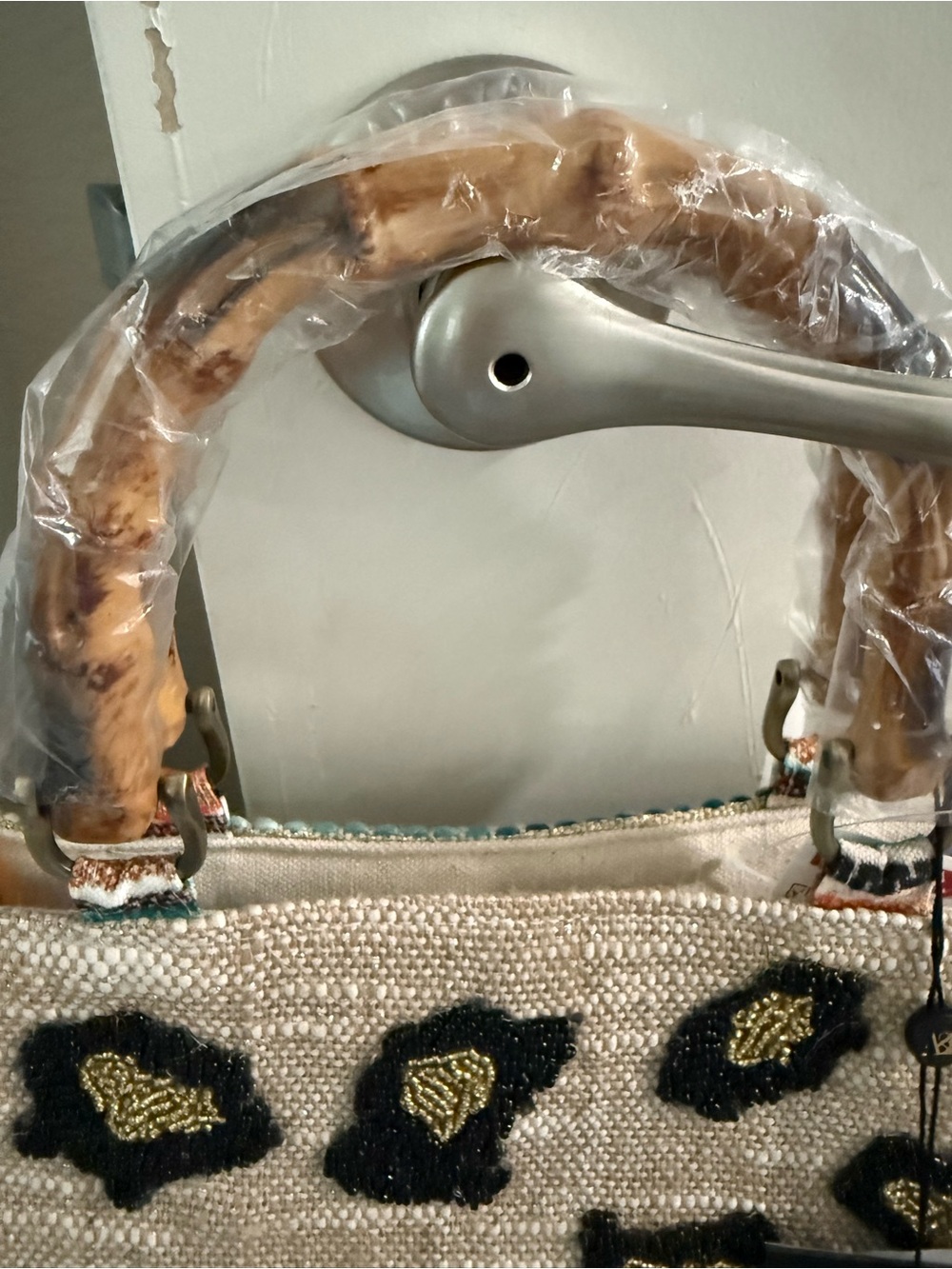 Beige Leopard-Print Beaded crossbody Tote Bag - Picture 4 of 6